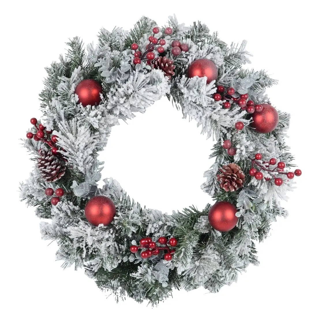 Snow Flocked Christmas Wreath With Red Berries Baubles 60Cm 1