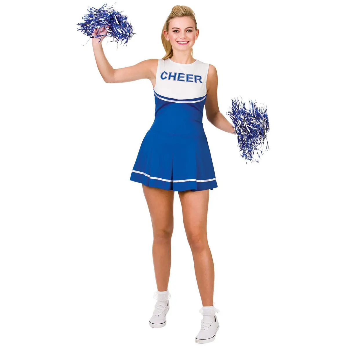 Womens Cheerleader Blue/White Fancy Dress Halloween Costume 1