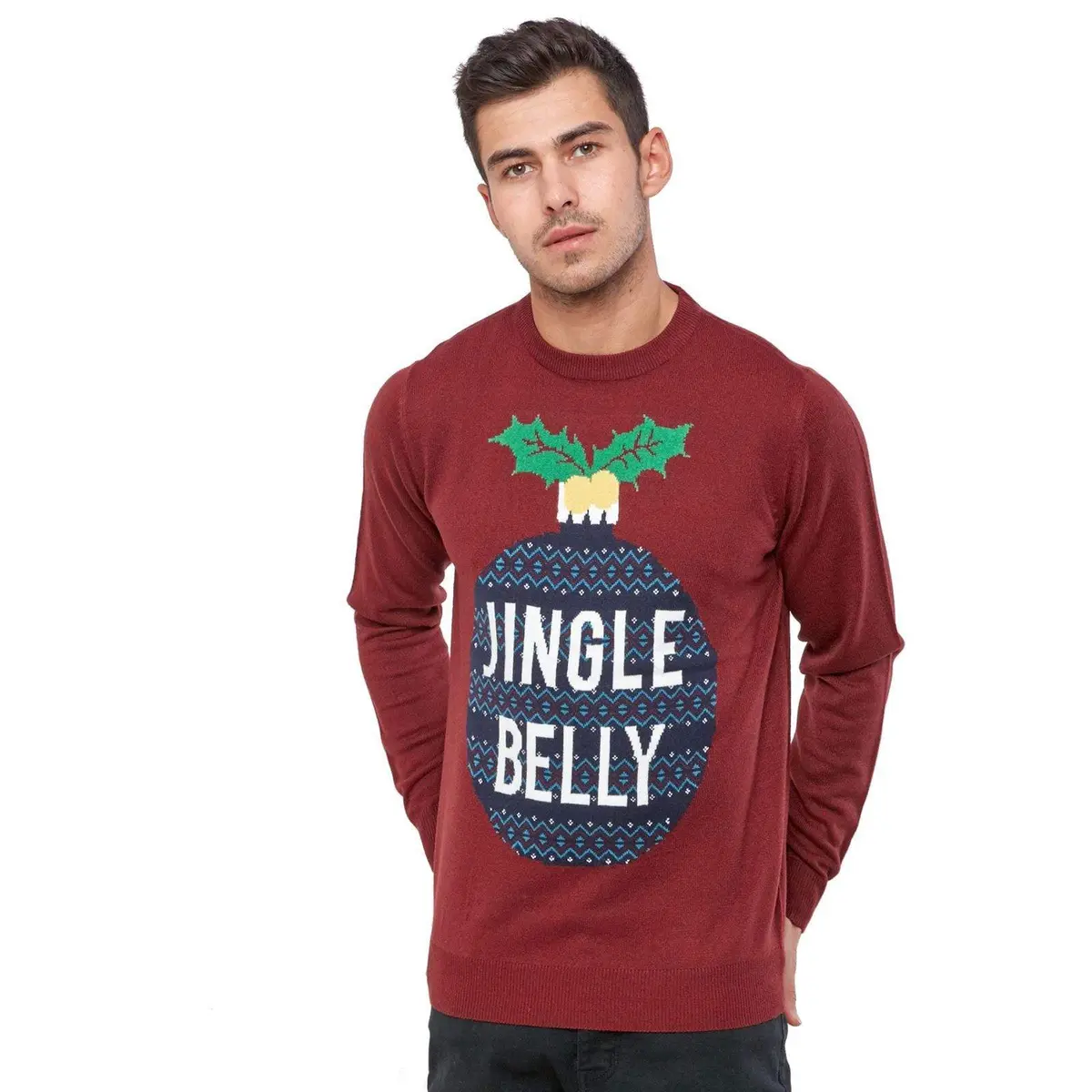 Mens Christmas Jumper Jingle Belly Tree Bauble Burgundy Fun 1