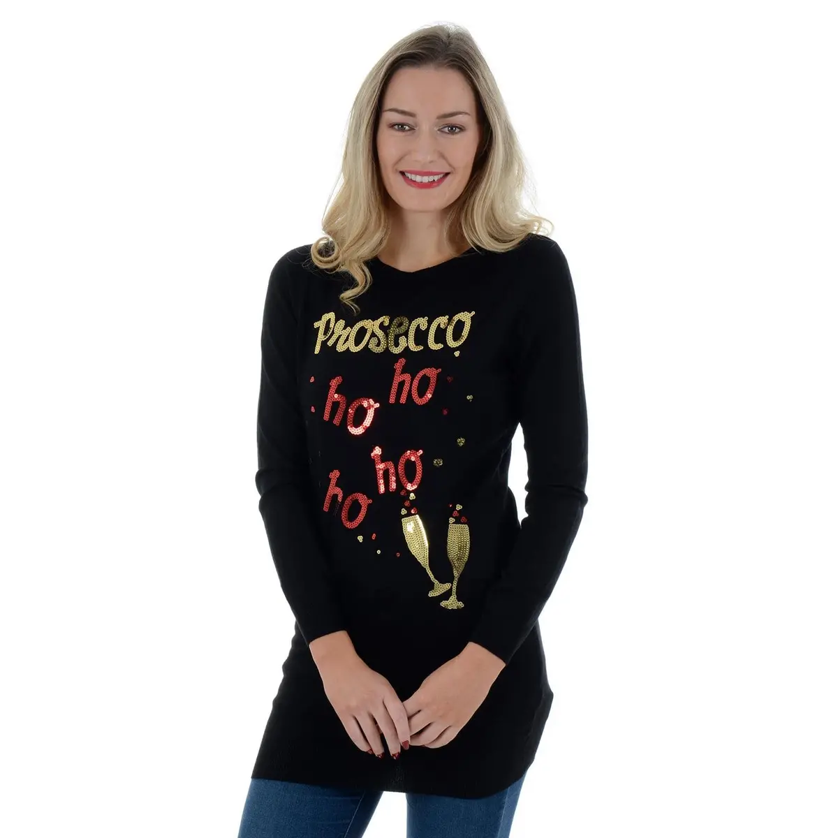 Womens Novelty Sequin Prosecco Ho Ho Ho Tunic Christmas Jumper 1
