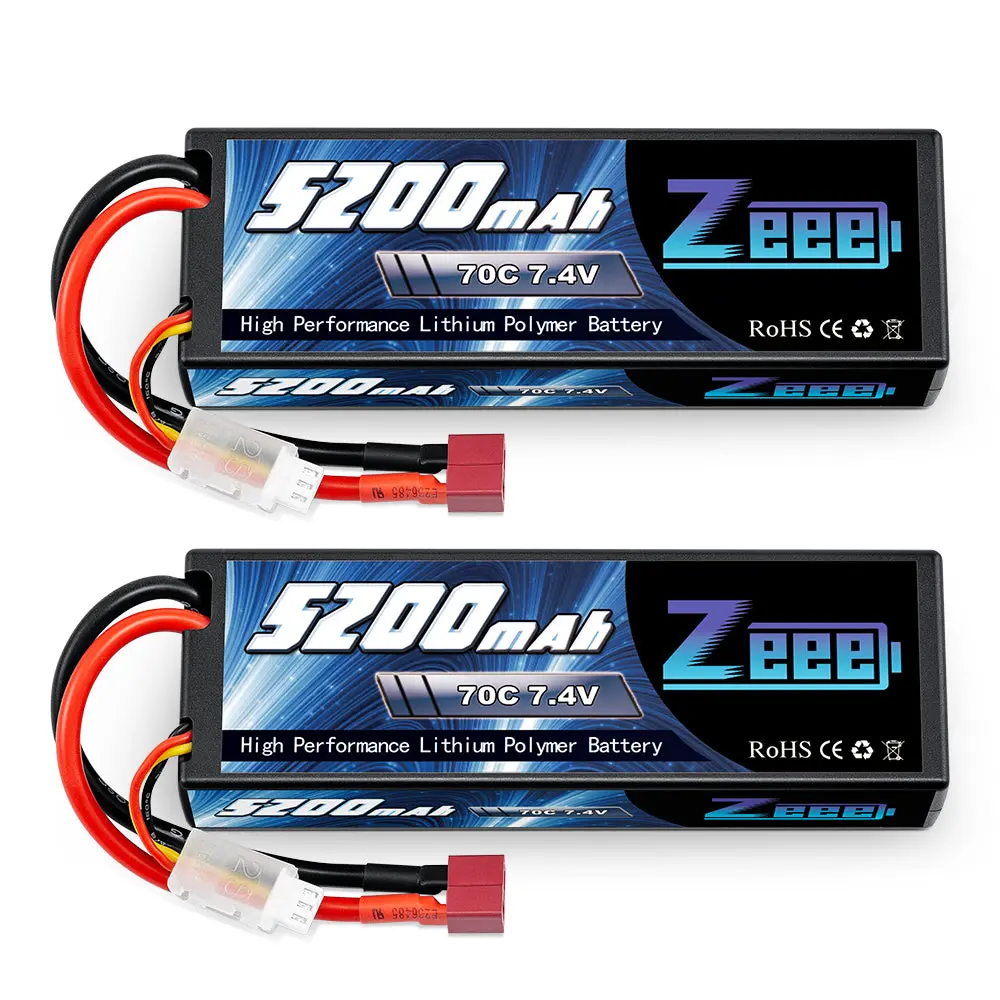Zeee 2S Lipo Battery 5200Mah 7.4V 70C Hard Case With Deans Plug For 1/8 1/10 Rc Vehicles Car Trucks Airplane Boats(2 Packs) 1