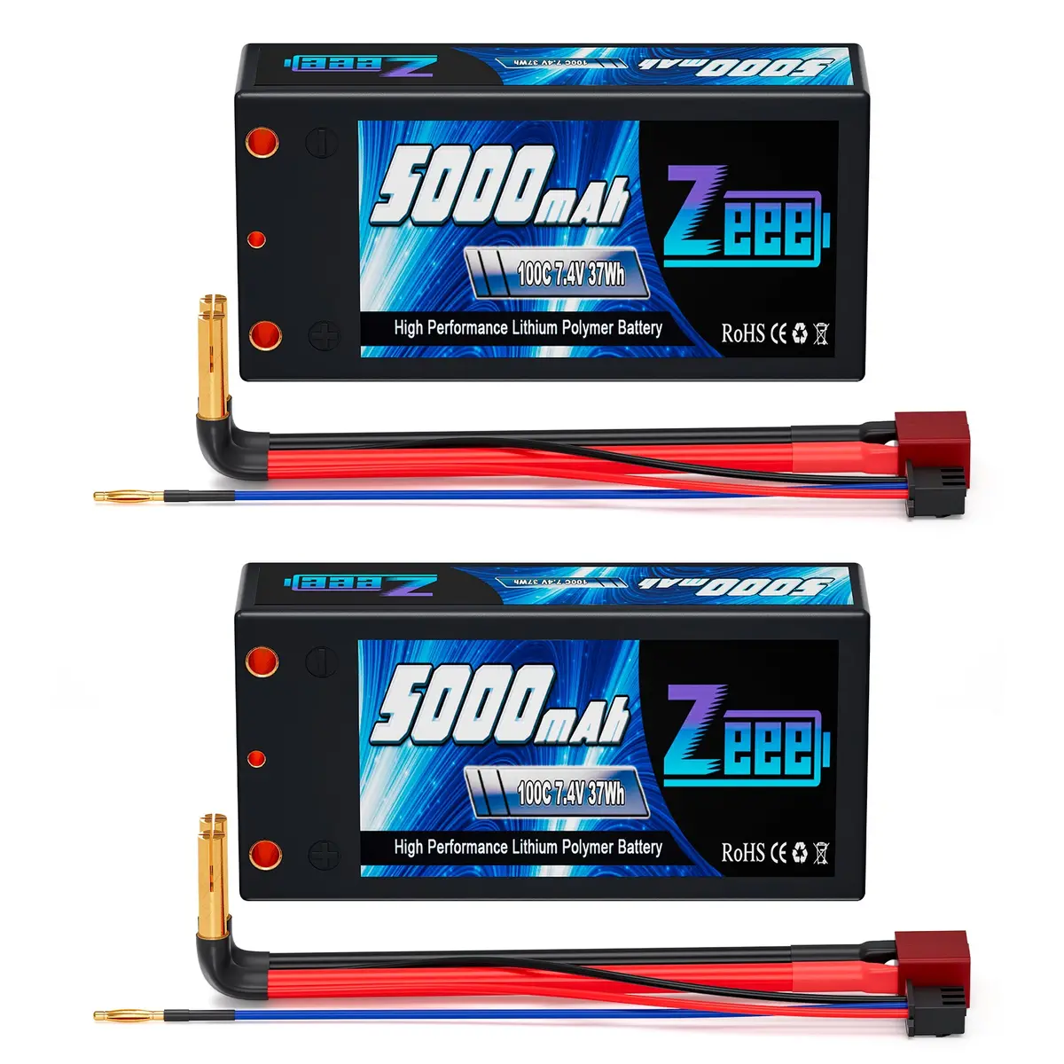 Zeee 2S Shorty Lipo Battery 5000Mah 7.4V 100C Hard Case With 4Mm Bullet To Deans Connector For Rc 1/10 Scale Vehicles Car Rc Models(2 Pack) 1