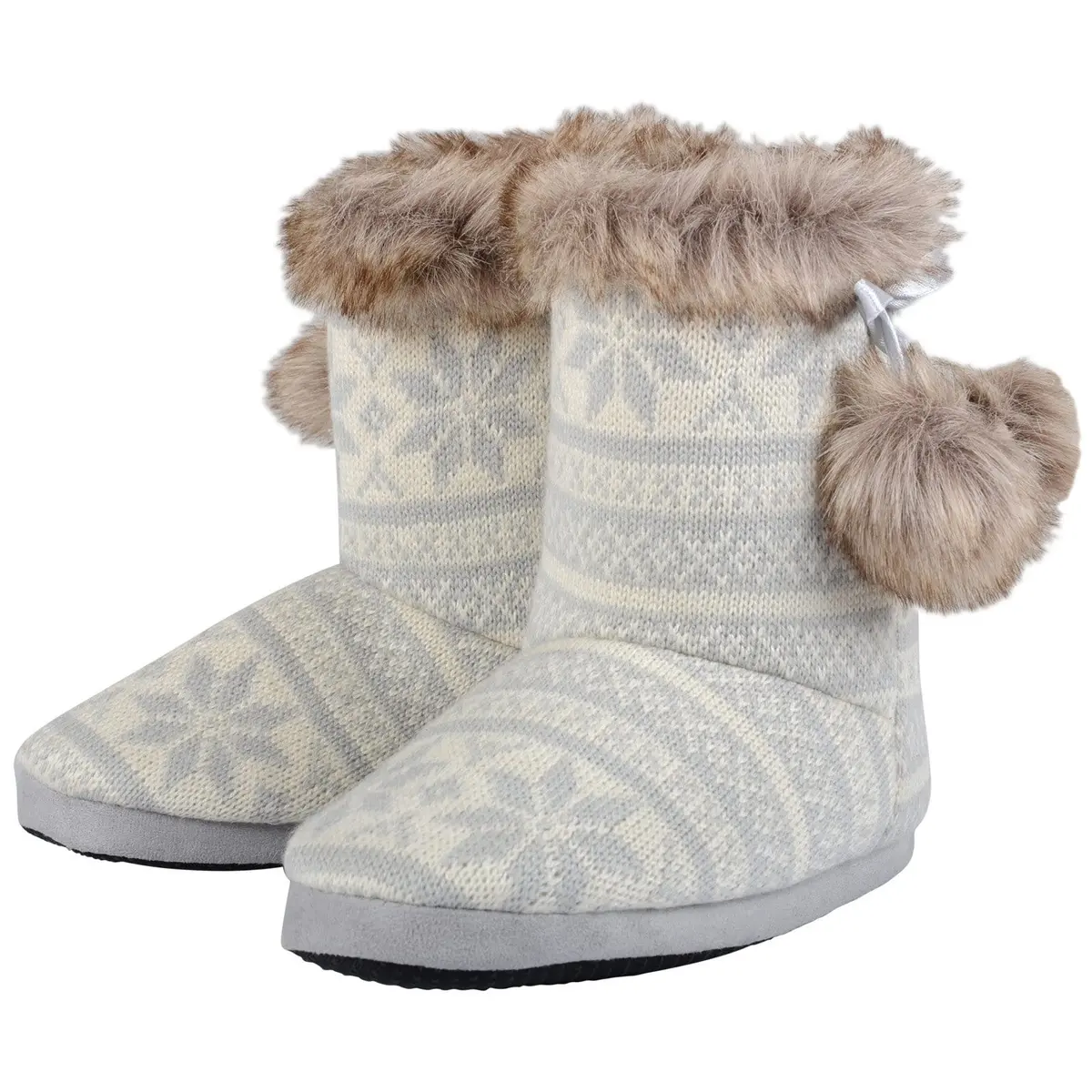 Women's Fair Isle Slipper Boots Featuring Nordic Knit Design and Faux Fur Pom Poms