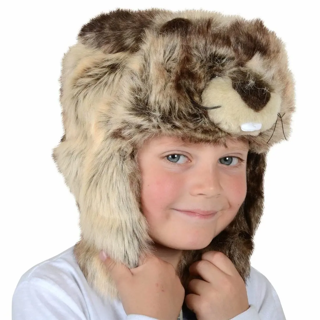 Kids Deluxe Faux Fur Beaver Animal Hat With Ear Flaps 1