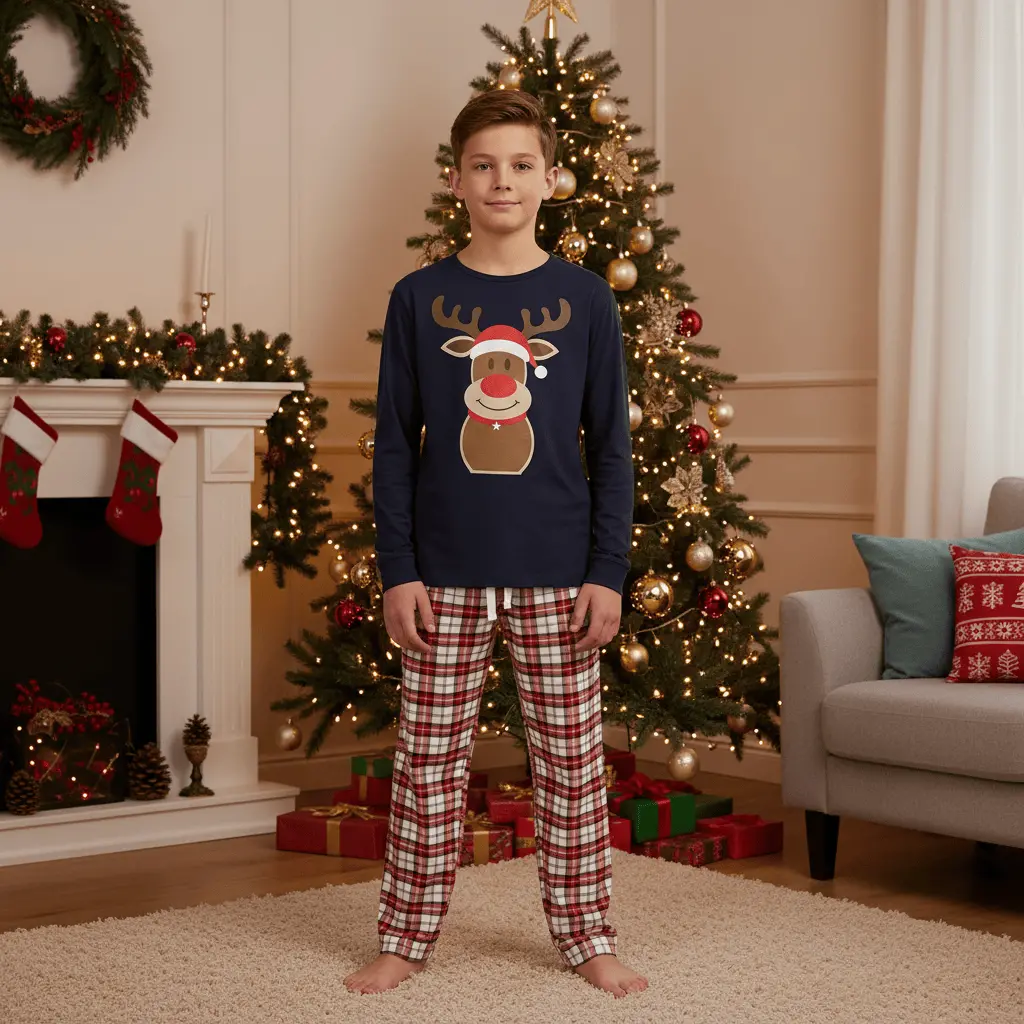 Kids Christmas Pyjama Set Rudolph Print Top Red Navy 1