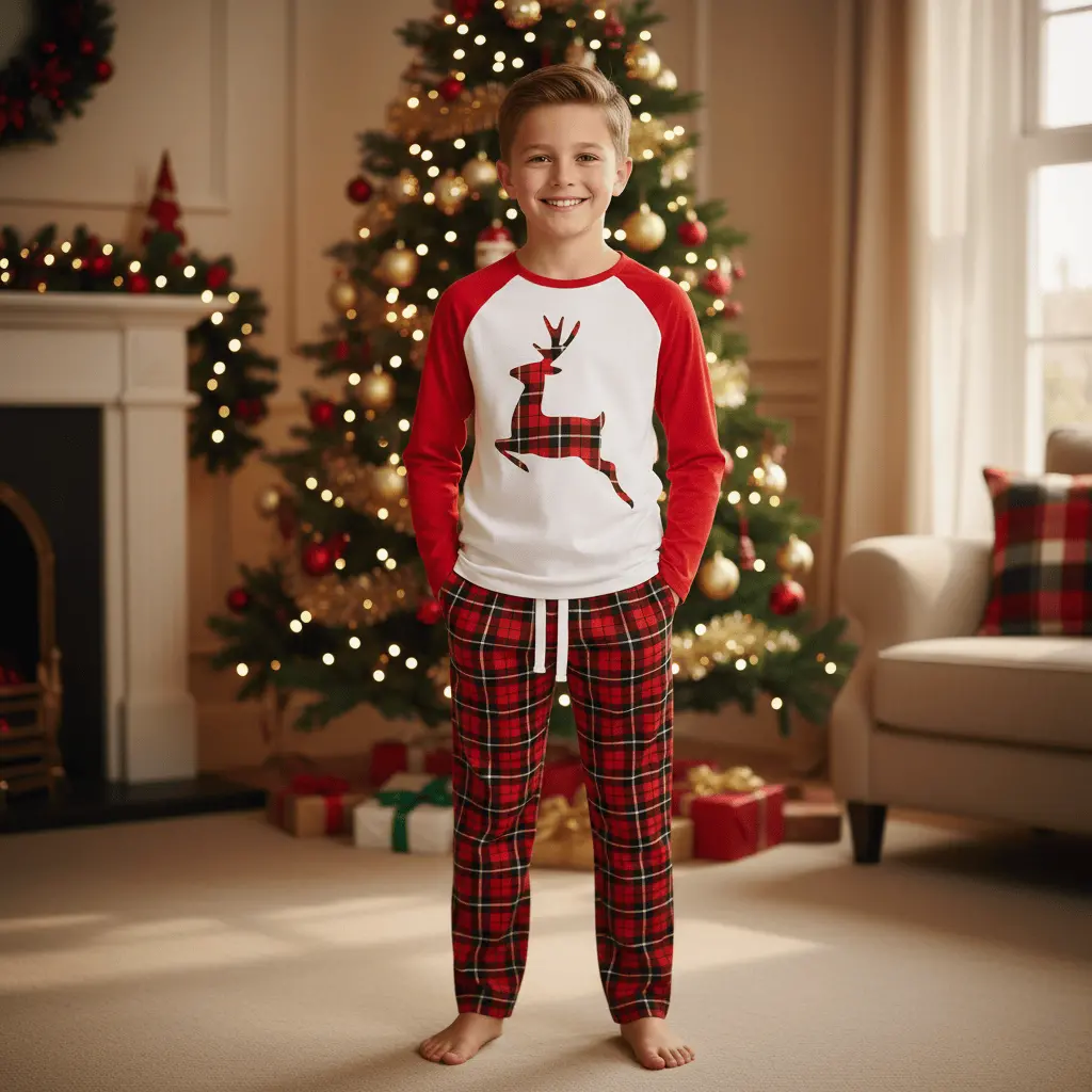 Kids Christmas Pyjama Set Reindeer/Stag Red Navy 1