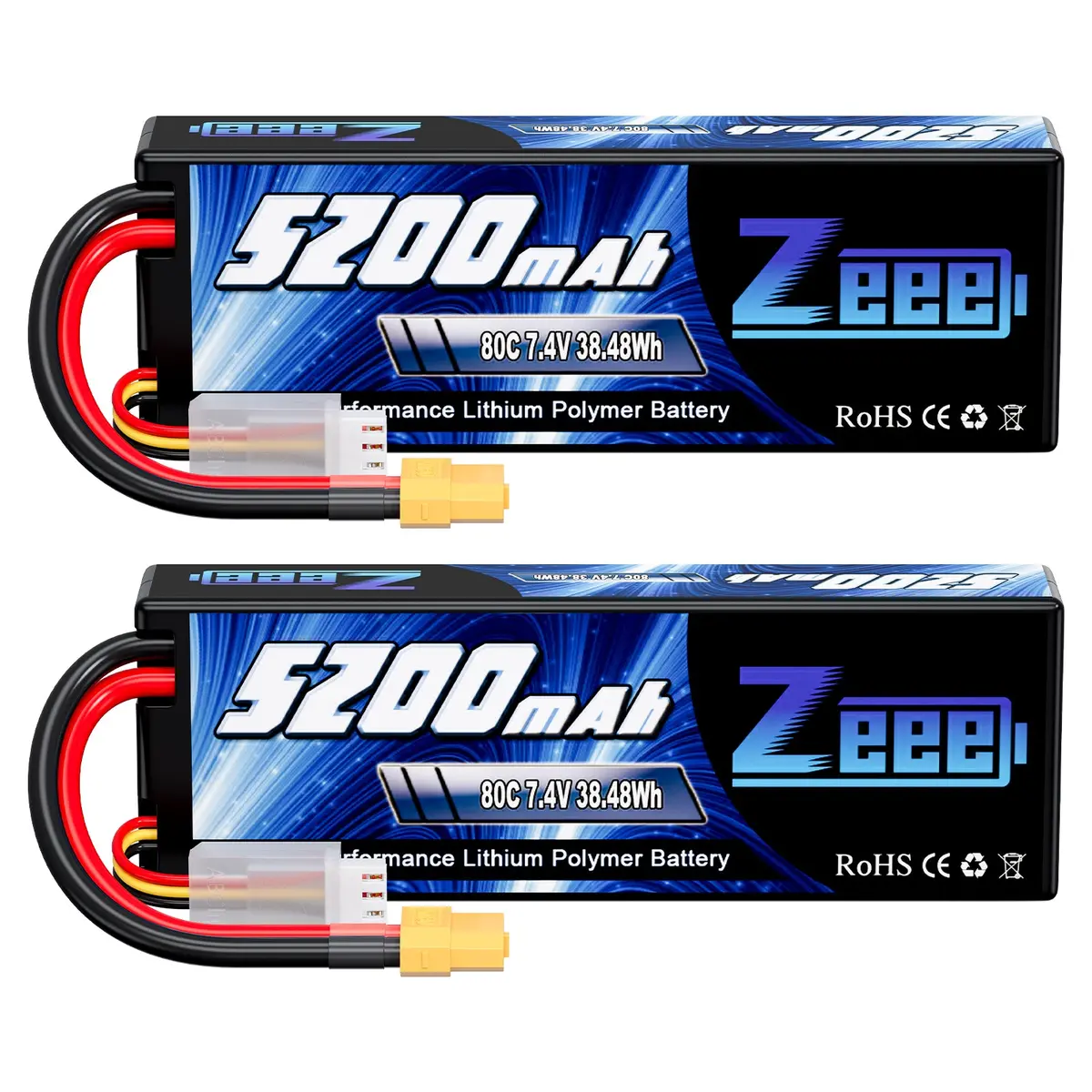 Zeee 2S Lipo Battery 5200Mah  7.4V 80C With Xt60 Plug Hard Case For 1/8 1/10 Rc Car(2 Packs) 1