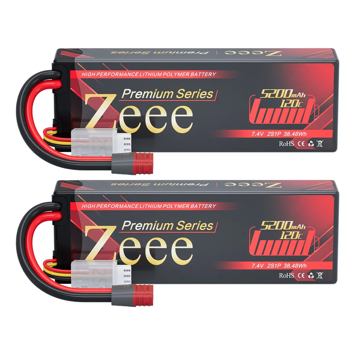 Zeee Premium Series 2S Lipo Battery 5200Mah 7.4V 120C Hard Case With Deans Plug For 1/8 1/10 Rc Car(2 Pack) 1