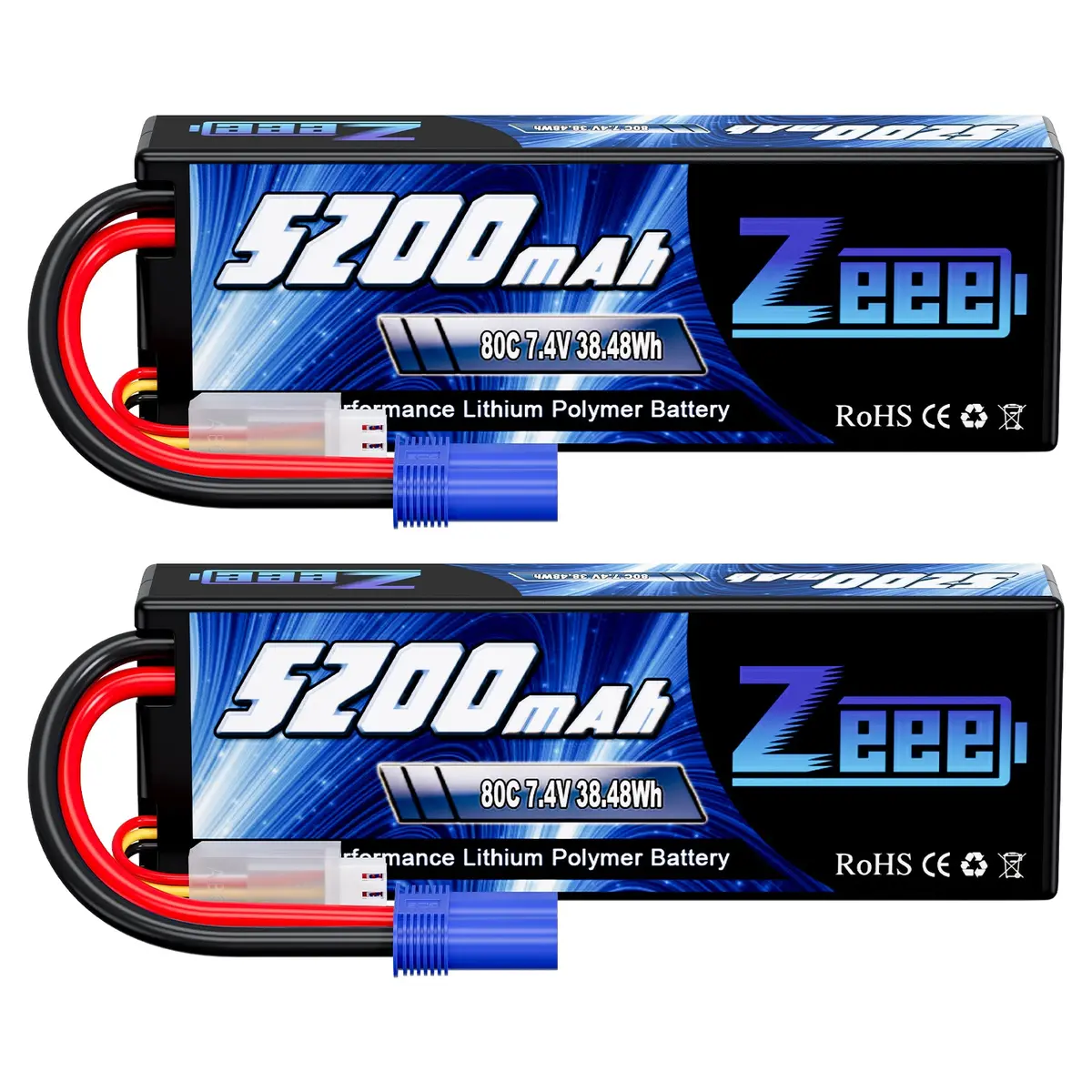 Zeee 2S Lipo Battery 5200Mah 7.4V 80C Hard Case With Ec5 Plug Compatible With 1/8 1/10 Rc Car(2 Pack) 1