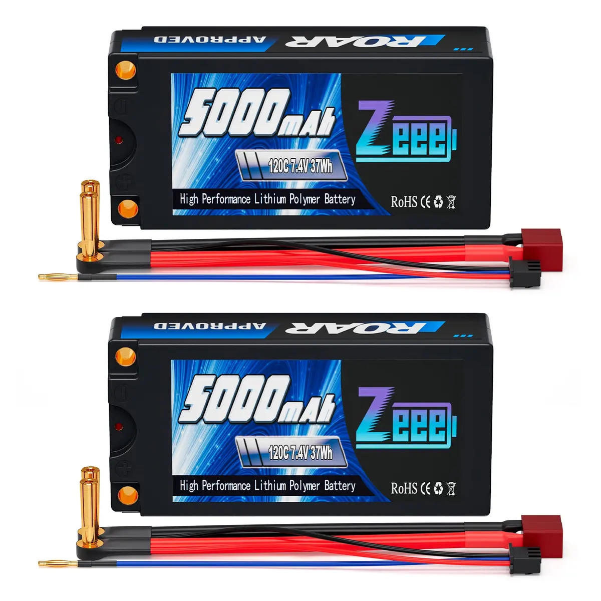 Zeee 2S Shorty Lipo Battery 5000Mah (Roar Approved) 7.4V 120C With 5Mm Bullet To Deans Connector Hard Case Battery For 1/10 Scale Vehicles Rc Car Trucks Boats Rc Models(2 Pack) 1