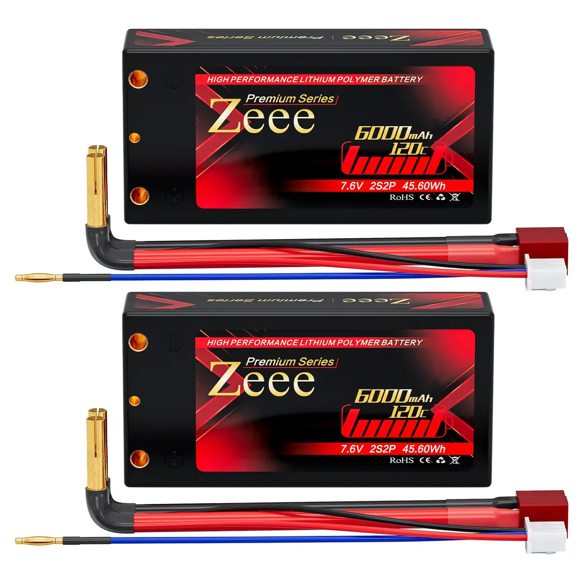 Zeee Premium Series 2S Shorty Lipo Battery 6000Mah 7.6V 120C Hard Case With 4Mm Bullet To Deans Connector For Rc Car(2 Pack) 1
