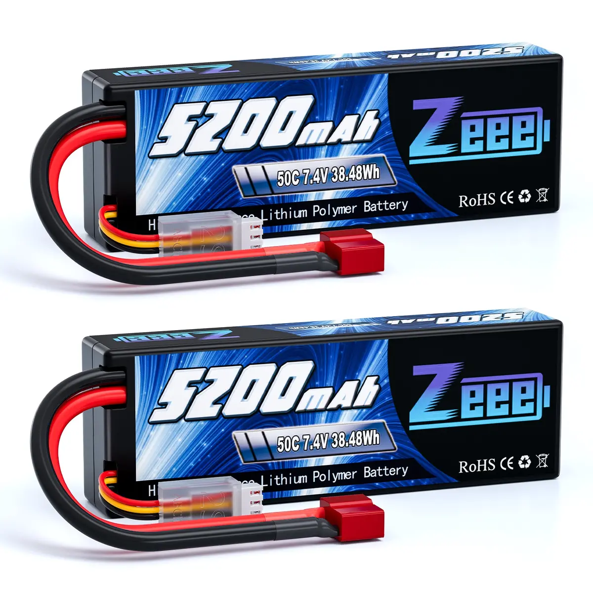 Zeee 2S Lipo Battery 5200Mah 7.4V 50C Hard Case With Dean-Style T Connector For Rc Car Trucks 1/8 1/10 Rc Vehicles(2 Packs) 1