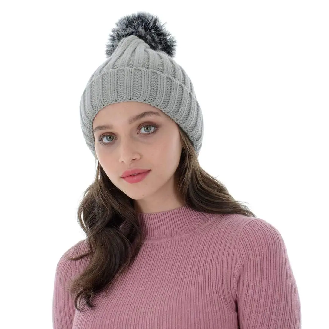 Womens Pom Pom Bobble Beanie Hat Knitted Faux Fur 5 Colours 1