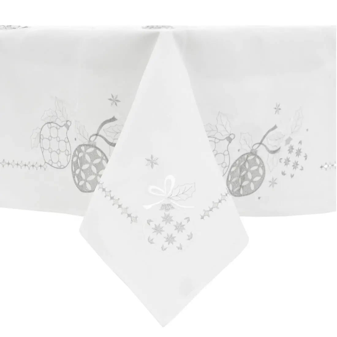 Christmas Baubles Tablecloths Napkins Fabric White Red 1