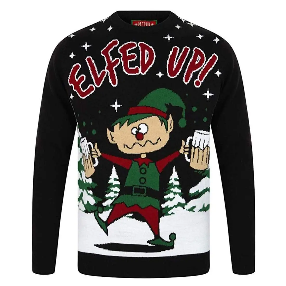 Men's Funny Christmas Sweater with Playful Elf Design and Boozy Humor