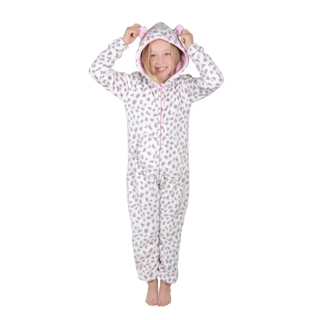 Girls Leopard Print Hooded Fleece All In One Pyjamas Pjs 3