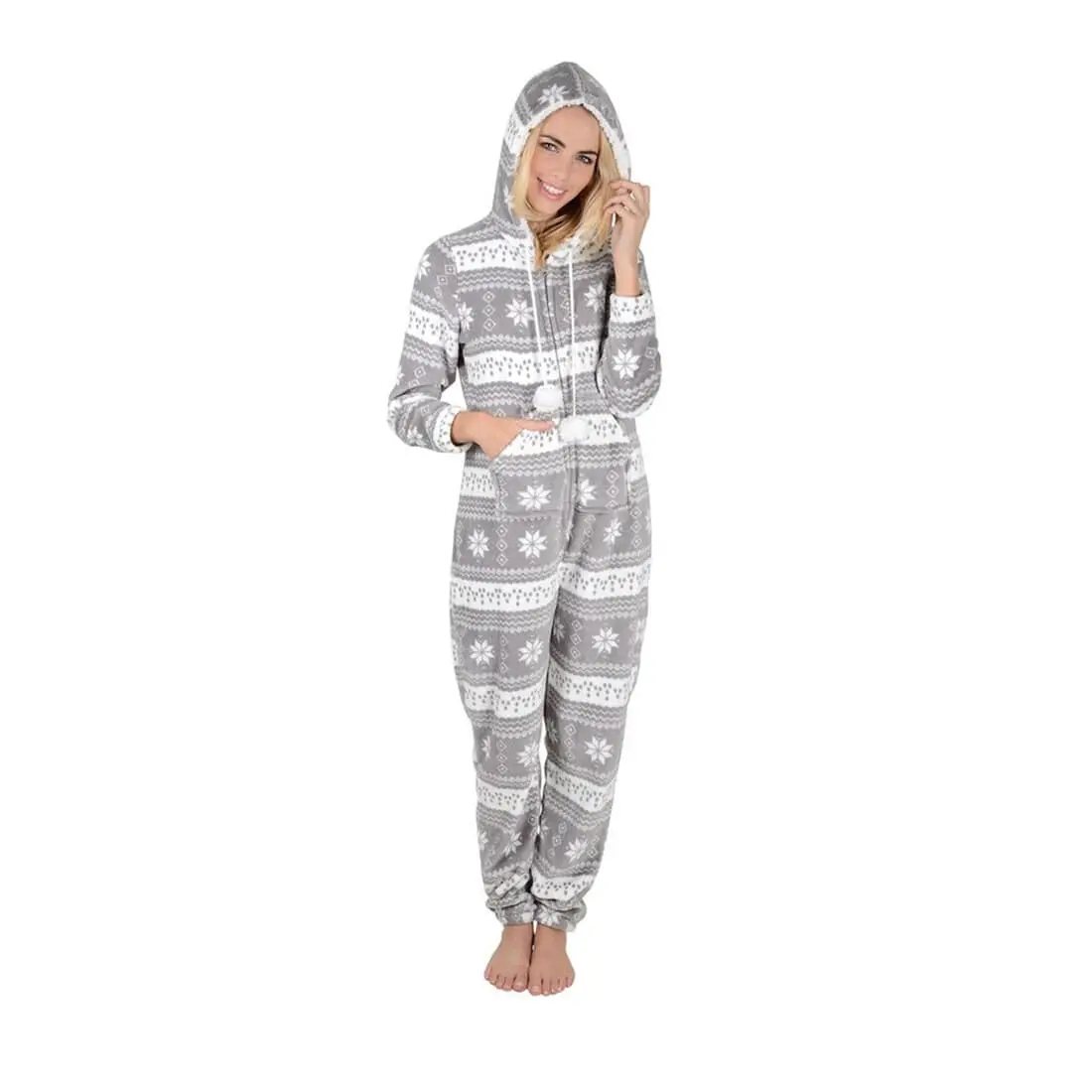 Womens Snowflake Hooded Fleece All In One Pyjamas Nightwear 5