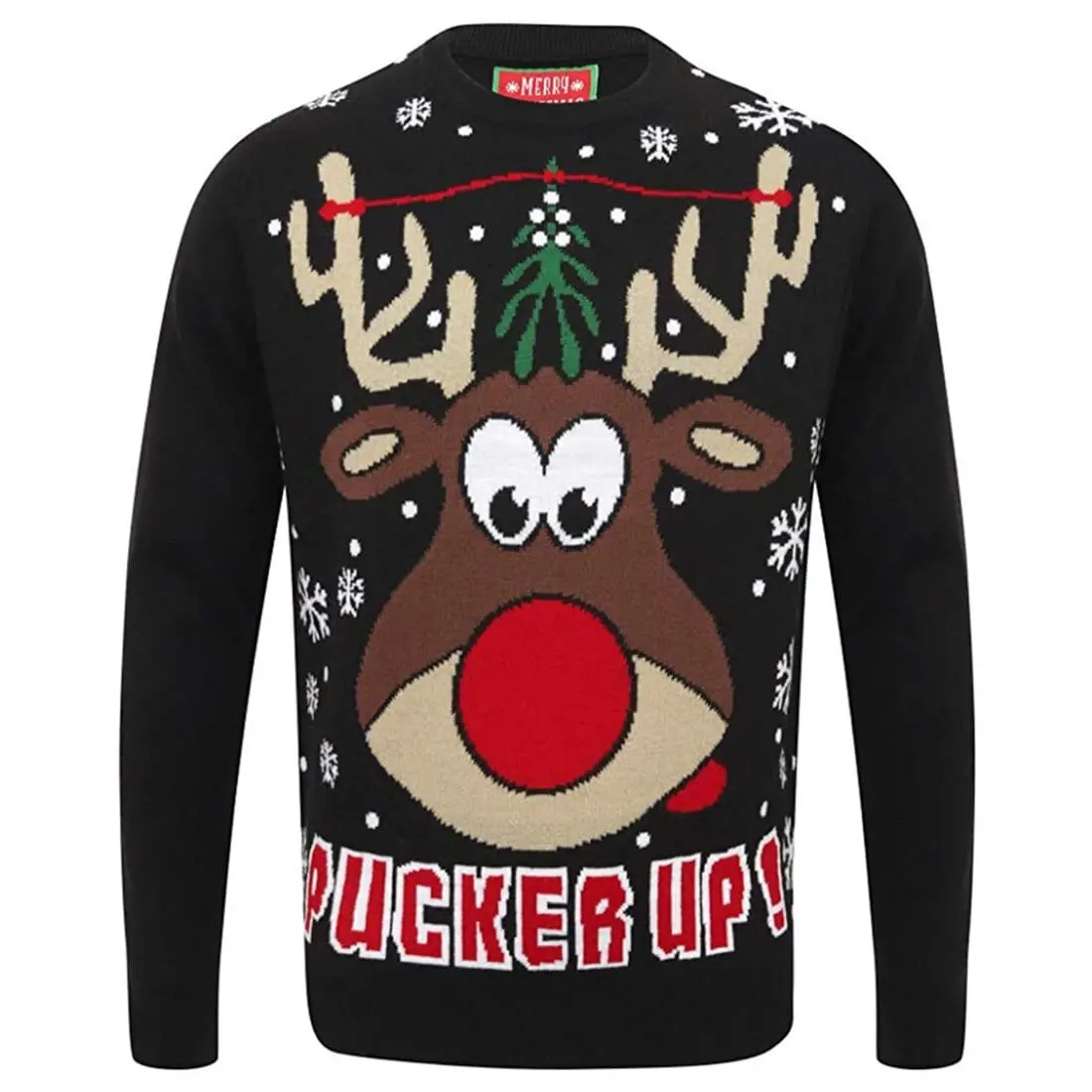 Men's Festive Christmas Sweater Featuring Mistletoe Kiss & Reindeer Motif