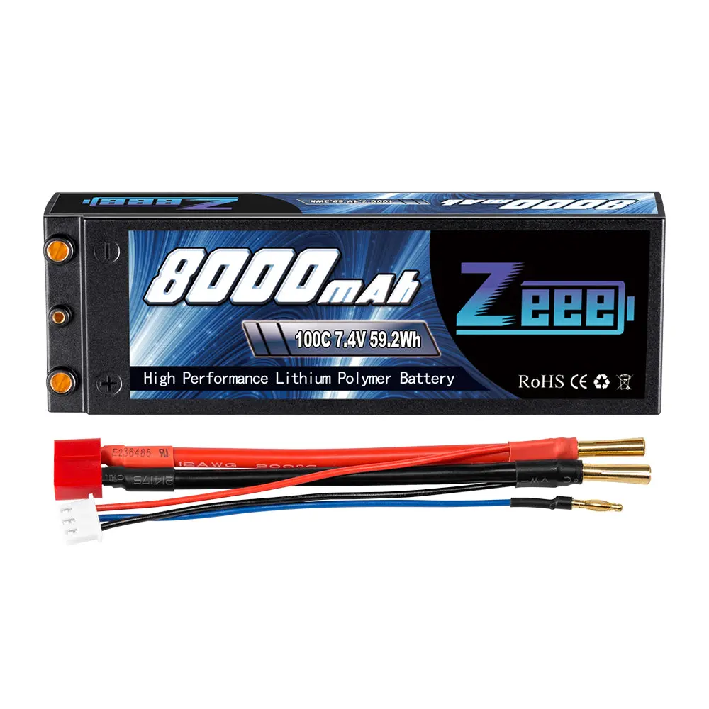 Zeee 2S Lipo Battery 8000Mah 7.4V 100C Hard Case With 4Mm Bullet Dean-Style T Plug For 1/8 1/10 Rc Car Model 1