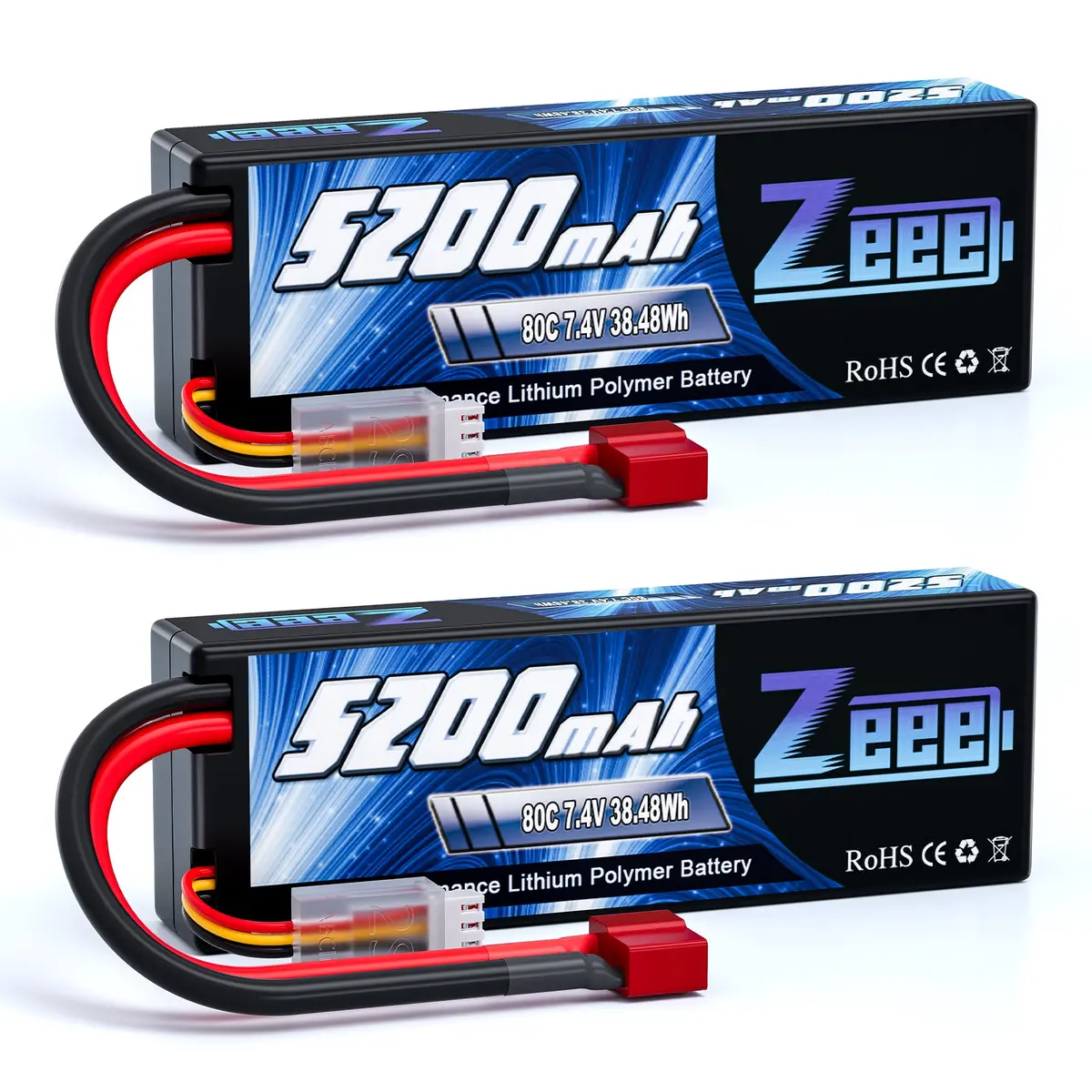 Zeee 2S Lipo Battery 5200Mah 7.4V 80C Hard Case Deans T Plug  For 1/8 1/10 Rc Vehicles Car(2 Pack) 1