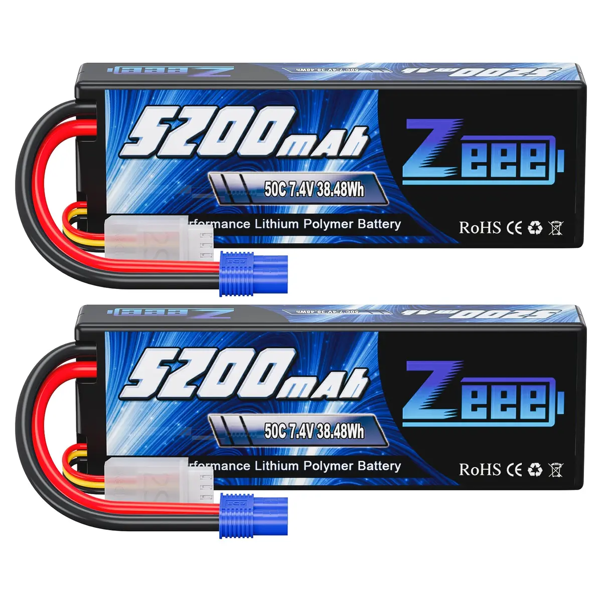 Zeee 2S Lipo Battery 5200Mah 7.4V 50C Hard Case  With Ec3 Plug Compatible With 1/8 1/10 Rc Car(2 Pack) 1
