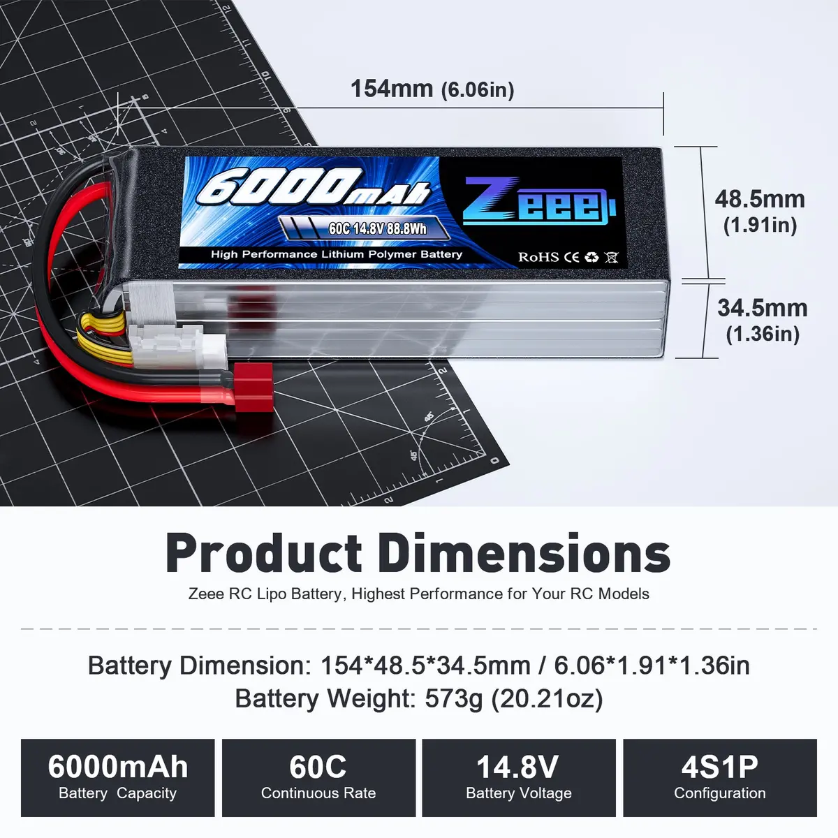 Zeee 4S Lipo Battery 6000Mah 14.8V 60C Soft Case With Deans Plug For Rc Plane Rc Car 2