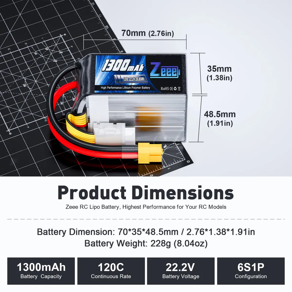Zeee 6S Lipo Battery 1300Mah 22.2V 120C With Xt60 Plug Rc Graphene Battery For Fpv Drone Airplane Rc Boat Car Racing Models(2 Pack) 2