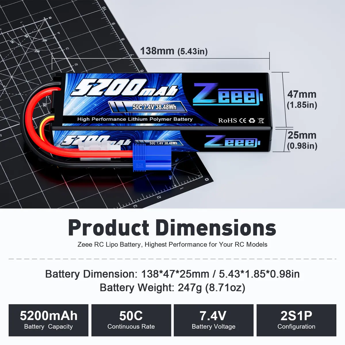 Zeee 2S Lipo Battery 5200Mah 7.4V 50C Hard Case With Ec5 Plug For 1/8 1/10 Rc Car(2 Pack) 2