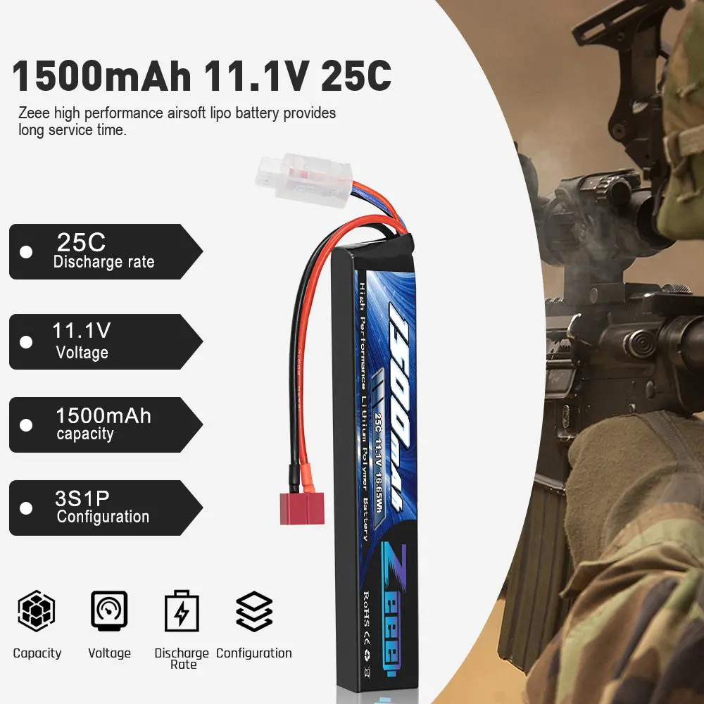 Zeee 3S Airsoft Lipo Battery 1500Mah 11.1V 25C 3S Stick Battery With Deans T Plug And Jst Xh Connector For Airsoft Models Guns Rifle 2