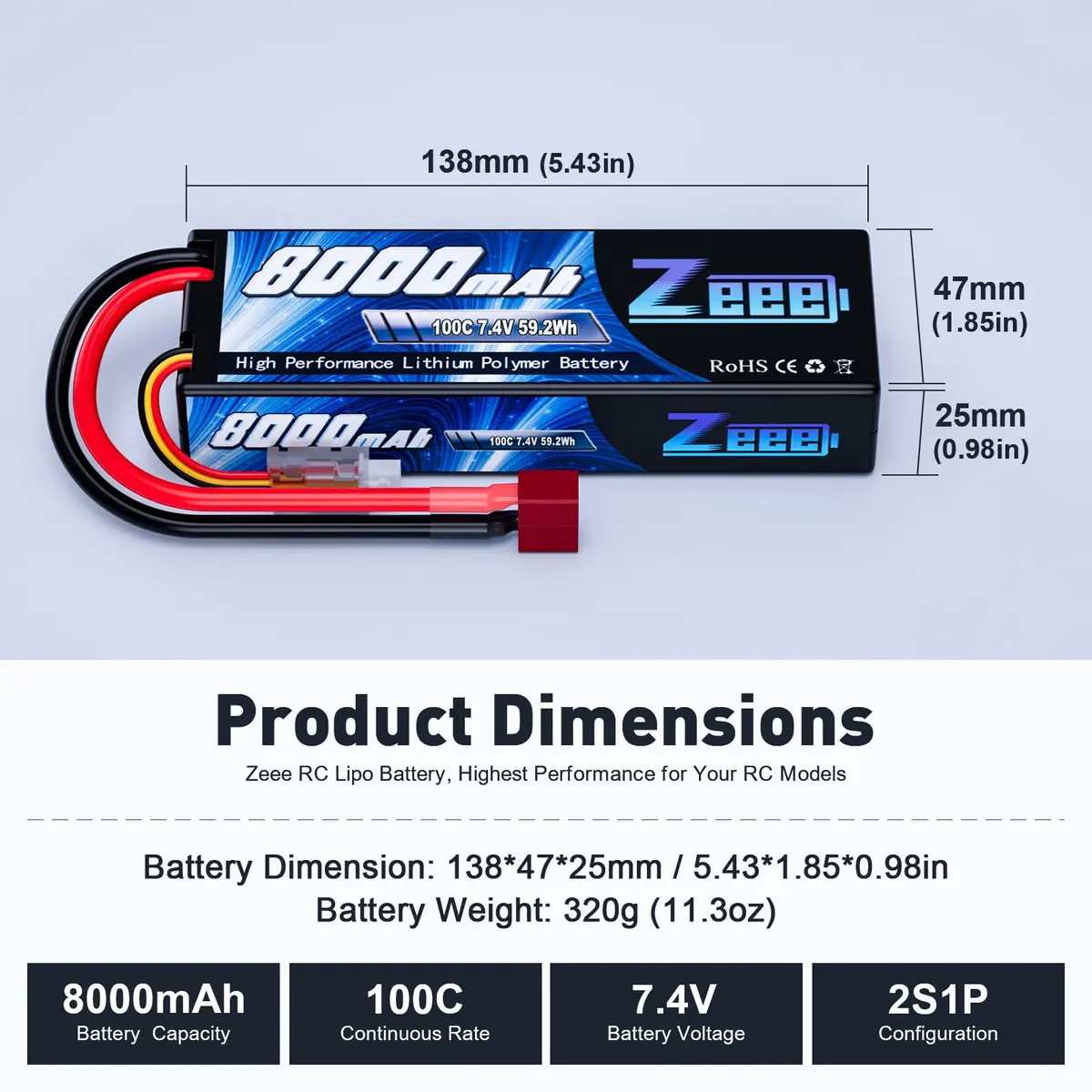 Zeee 2S Lipo Battery 8000Mah 7.4V 100C Hard Case With Deans T Plug For Rc Car Truck Truggy Boat Helicopter(2 Pack) 2