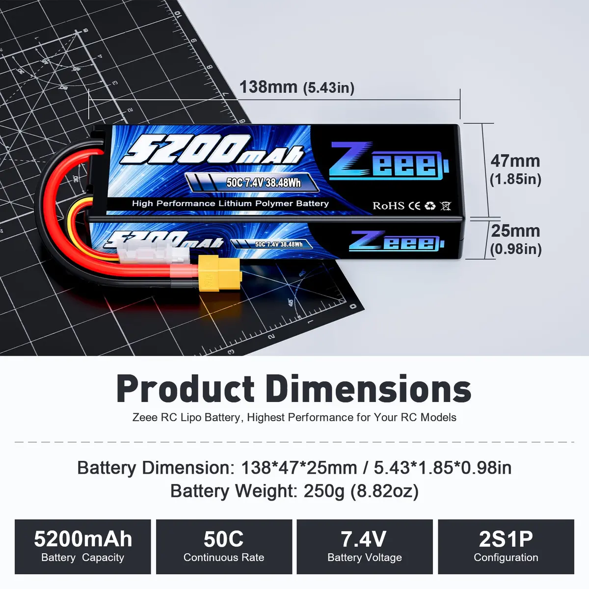 Zeee 2S Lipo Battery 5200Mah 7.4V 50C With Xt60 Plug Hard Case For 1/8 1/10 Rc Car Rc Airplane(2 Pack) 2