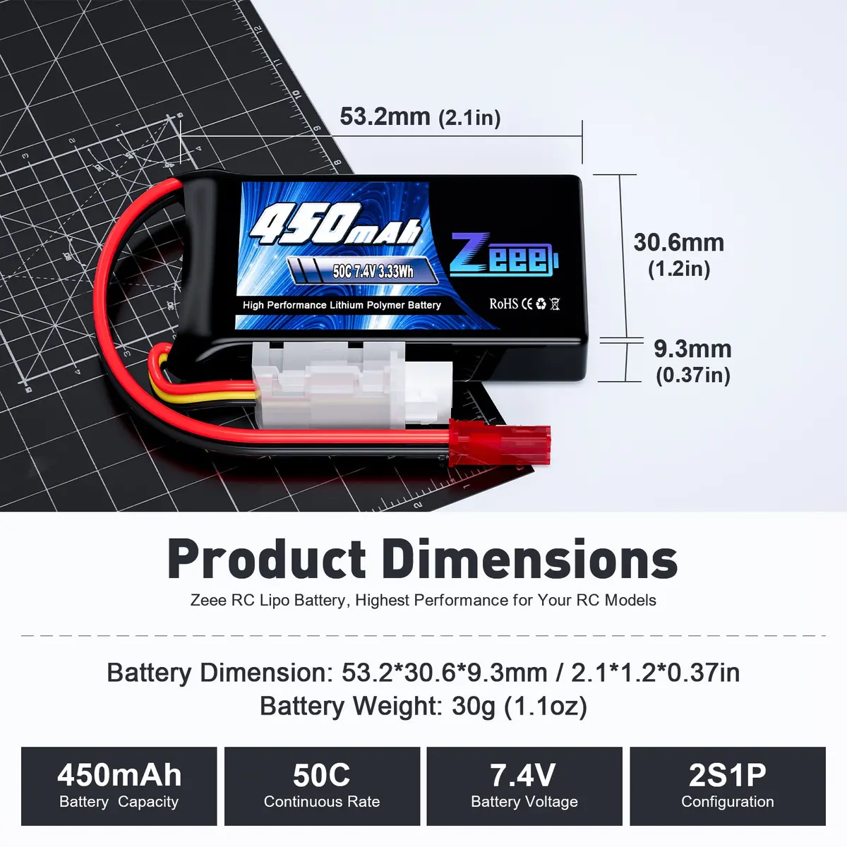 Zeee 2S Lipo Battery 450Mah 7.4V 50C Soft Pack Rc Battery With Jst Plug For Fpv Drone Quadcopter Helicopter Airplane Rc Boat Rc Car Rc Models(4 Pack) 2