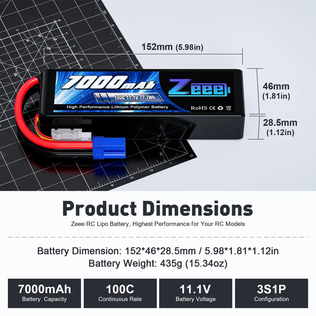 Zeee 3S Lipo Battery 7000Mah 11.1V 100C Ec5 Connector Soft Case With Metal Plates For Rc Car Truck Tank Racing Models (2 Pack) 2