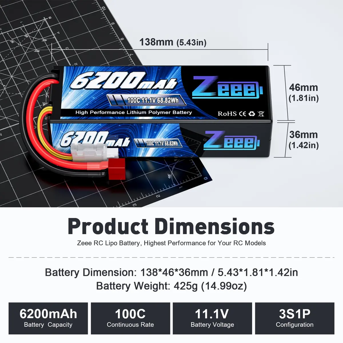 Zeee 3S Lipo Battery 6200Mah 11.1V 100C Hard Case With Deans T Connector For 1/8 1/10 Scale Vehicles Rc Car(2 Pack) 2