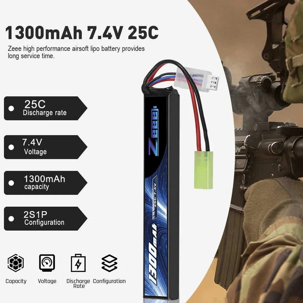 Zeee 2S Lipo Battery 1300Mah 7.4V 25C Airsoft Stick Battery With Mini Tamiya Connector For Airsoft Guns Rifle 2