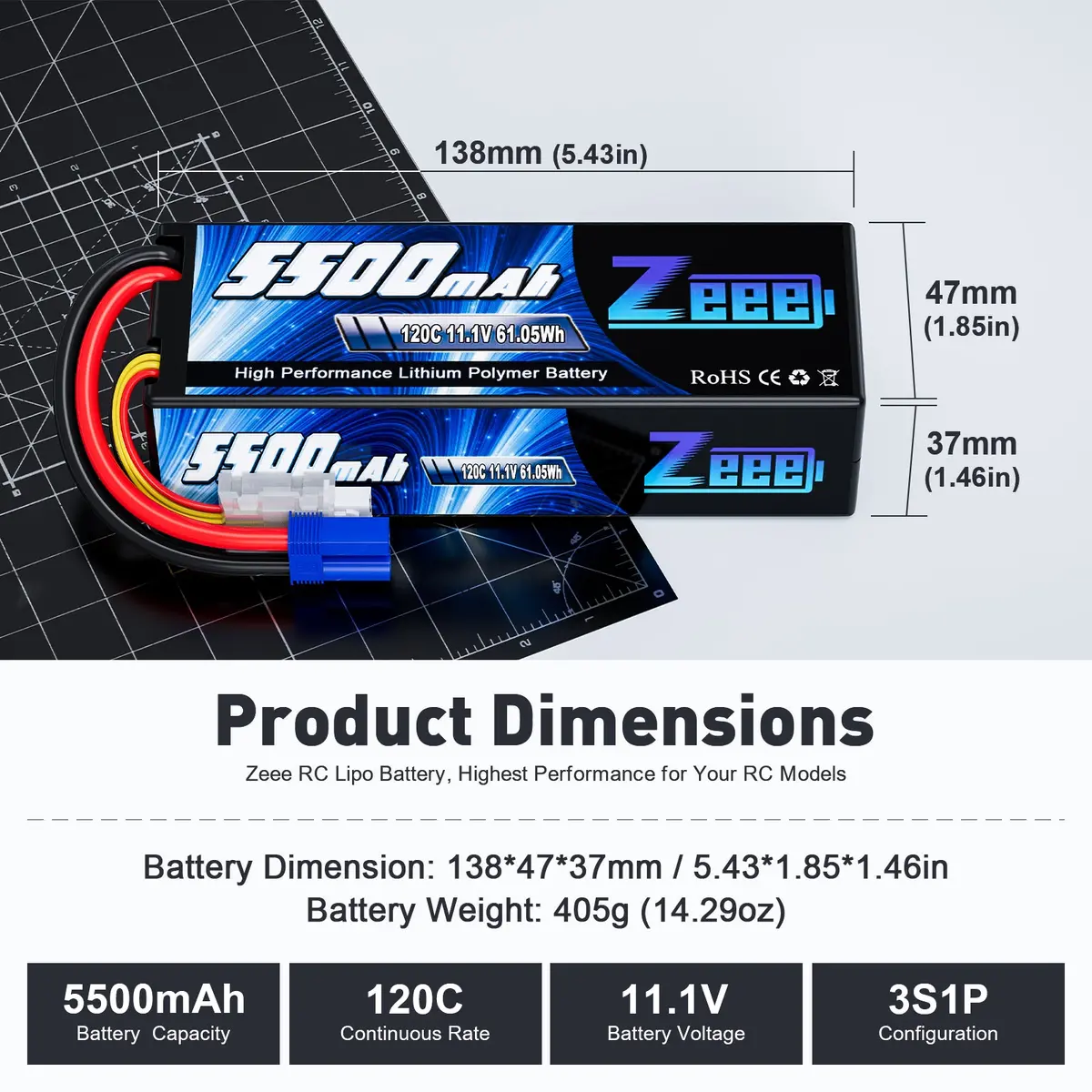 Zeee 3S Lipo Battery 5500Mah 11.1V 120C Hard Case Rc Battery With Ec5 Connector For Rc Car 1/8 1/10 Scale Vehicles(2 Pack) 2