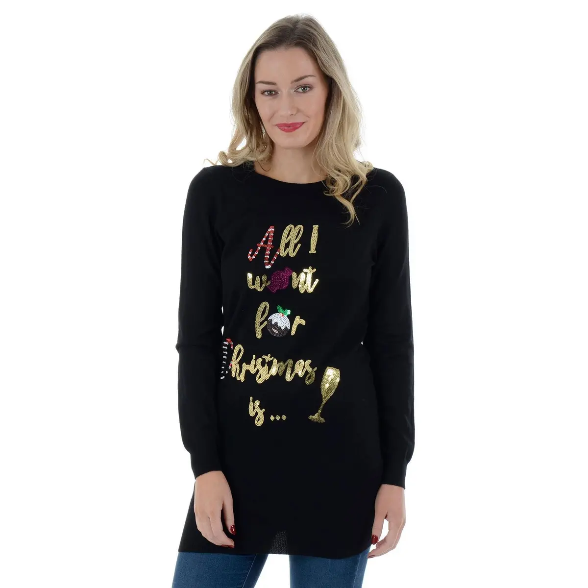 Womens Novelty Sequin All I Want For Christmas Tunic Jumper 1
