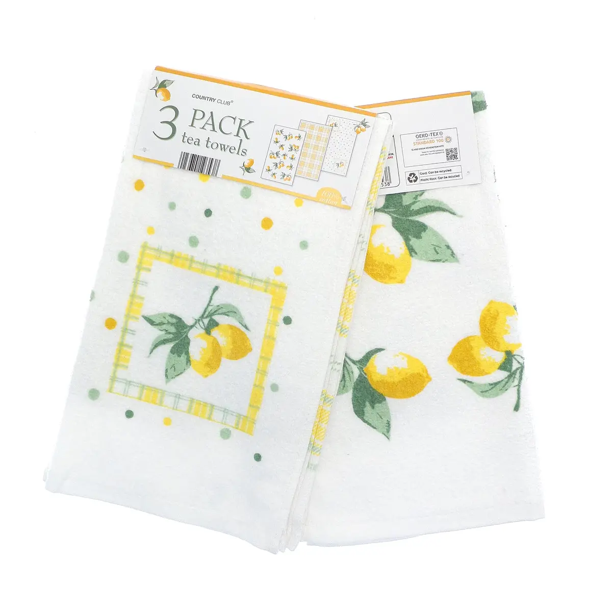 Lemons Pack Of 3 Tea Towels Citrus Fruit Yellow Green 100% Cotton 1
