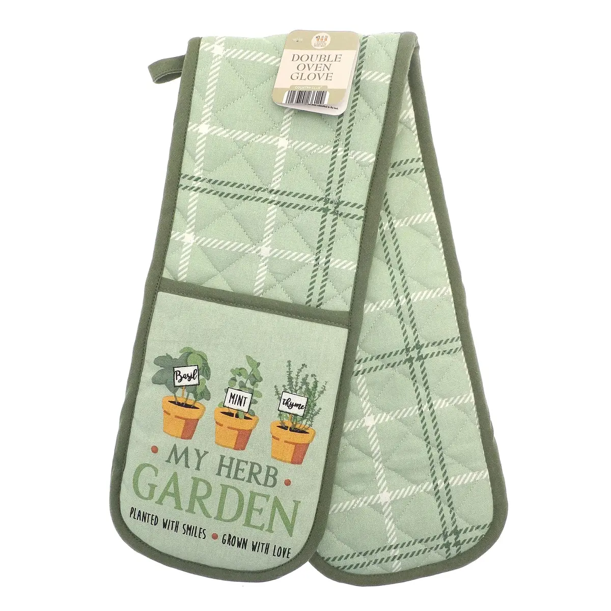 Herb Garden Double Oven Glove Plant Pots Green Tartan Cotton 1