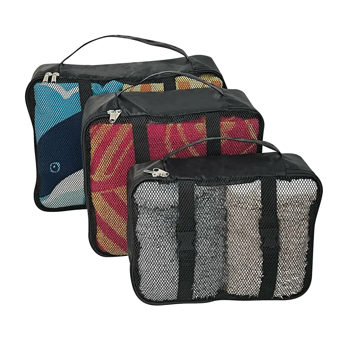 Set Of 3 Packing Cubes Space Saving Travel Cases Mesh Cover Black 1