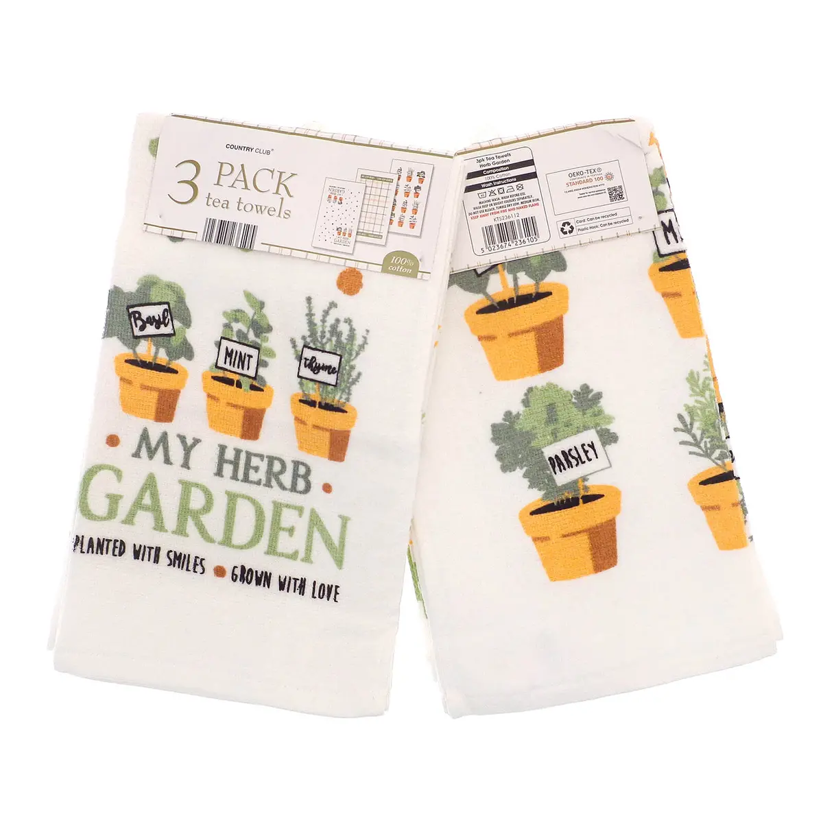 Herb Garden Pack Of 3 Tea Towels Terracotta Pots Green 100% Cotton 1