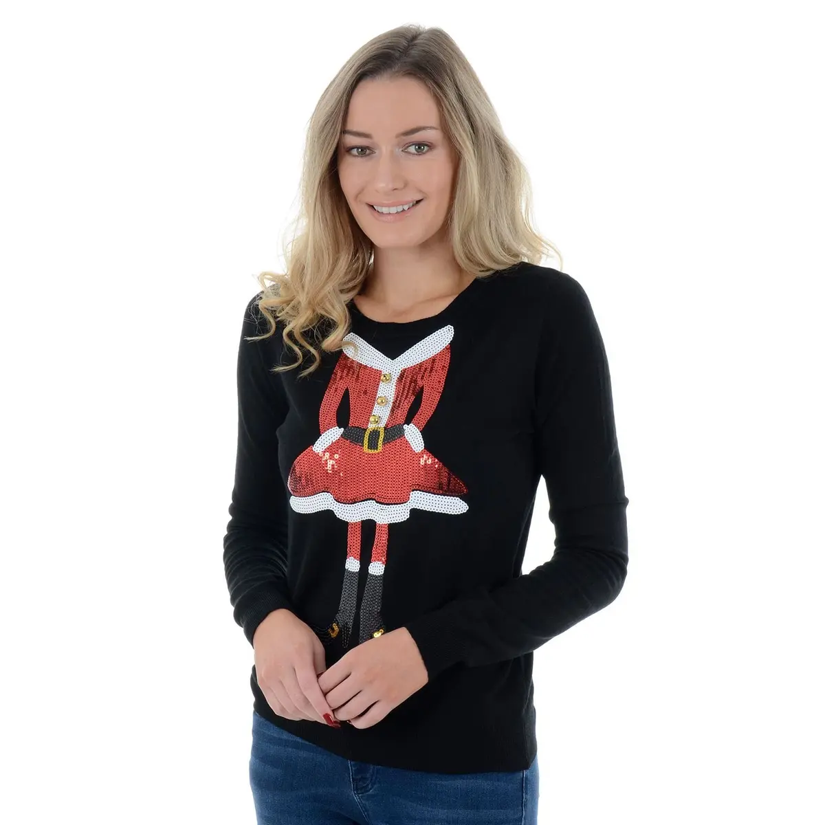 Womens Novelty Sequin Miss Santa Claus Christmas Jumper 1