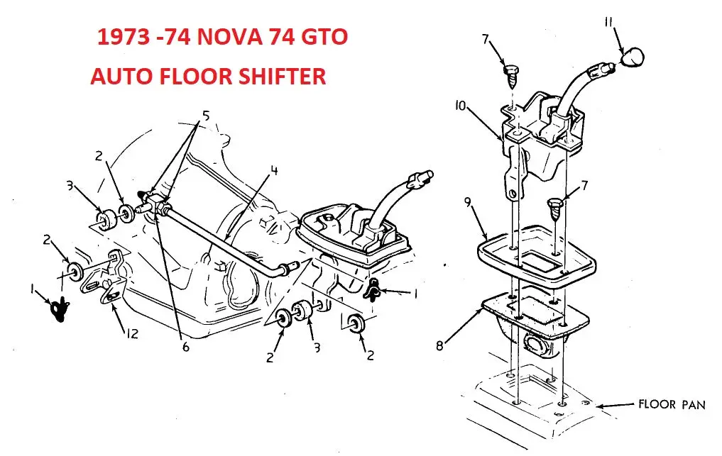 Entered 73 -74 Nova Floor & Column Auto Shifter Linkage, Drawing 2