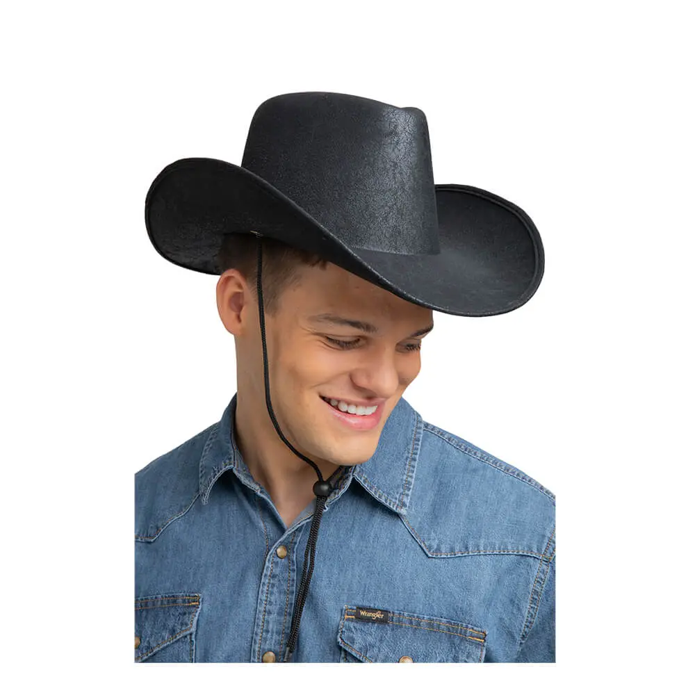 Adults Black Aged Faux Leather Cowboy Hat Wild West Fancy Dress 1