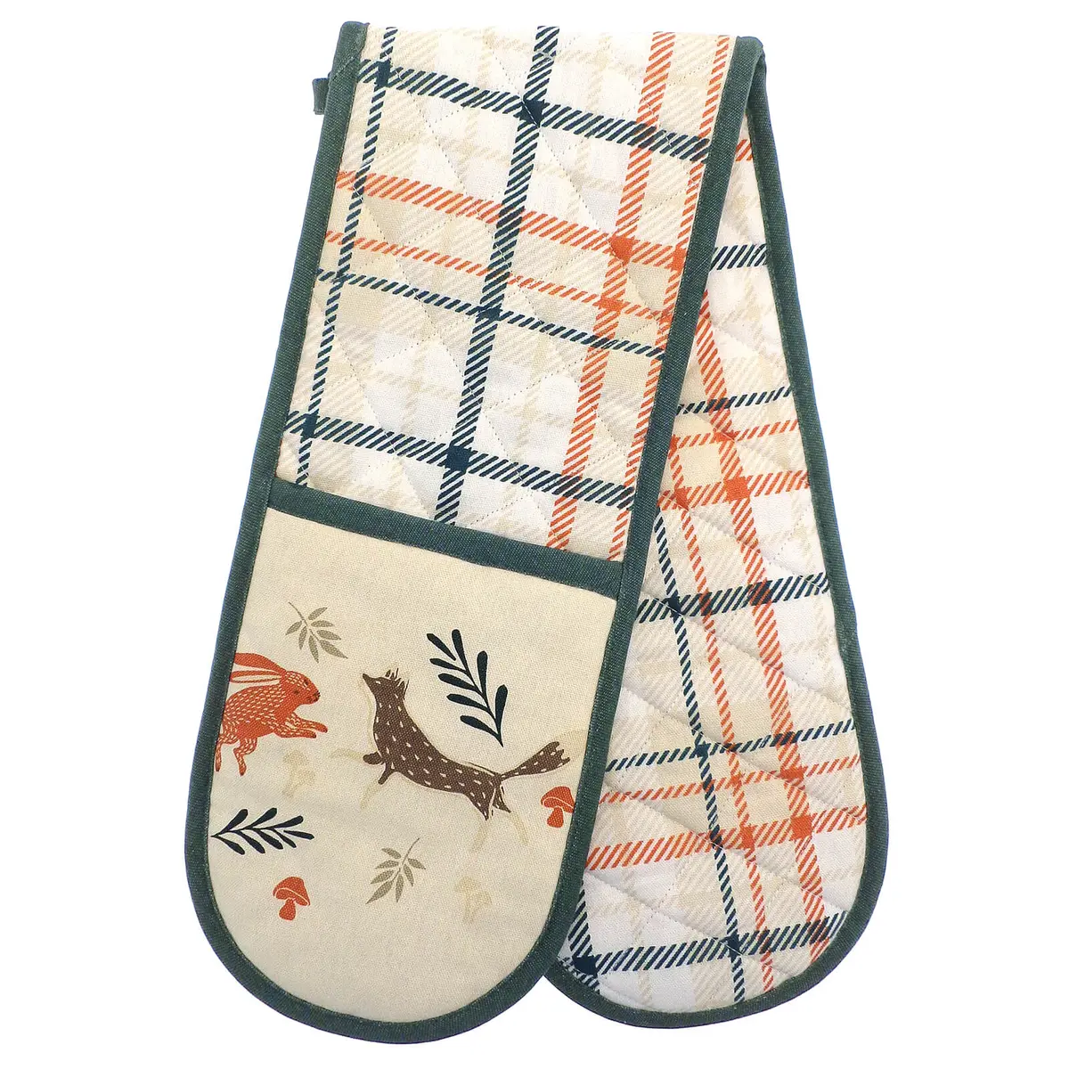Double Oven Glove Woodland Design Fox Hare Rustic Tartan Cotton 1