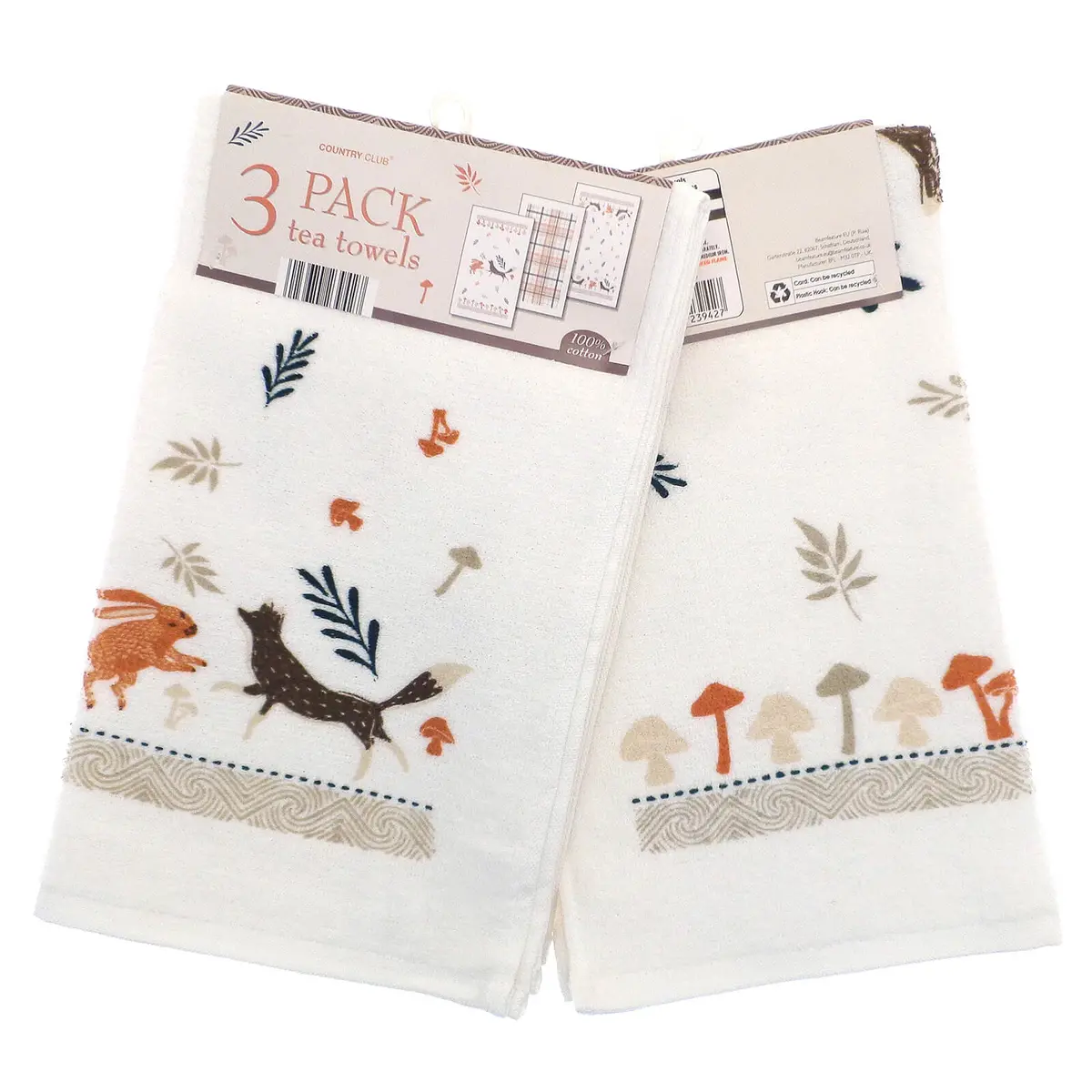 Pack Of 3 Tea Towels Woodland Design Fox Hare Leaves 100% Cotton 1