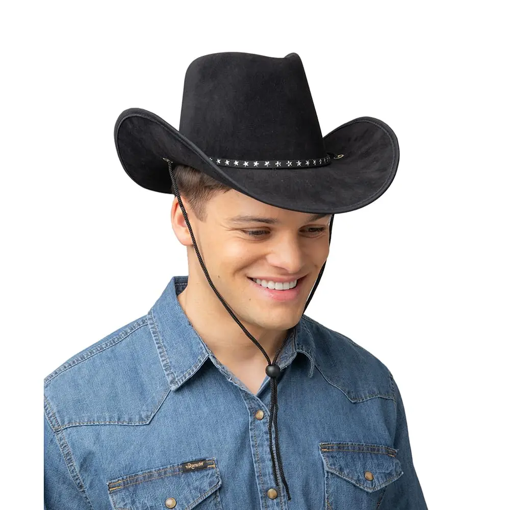Texas Cowboy Hat Faux Suede Star Stud Band Neck Cord Fancy Dress 1