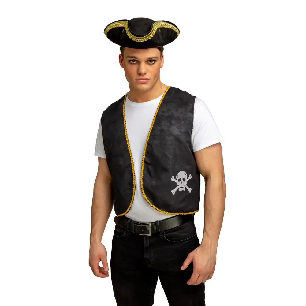 Adult Unisex Pirate Waistcoat Black Skull Crossbones Fancy Dress 1