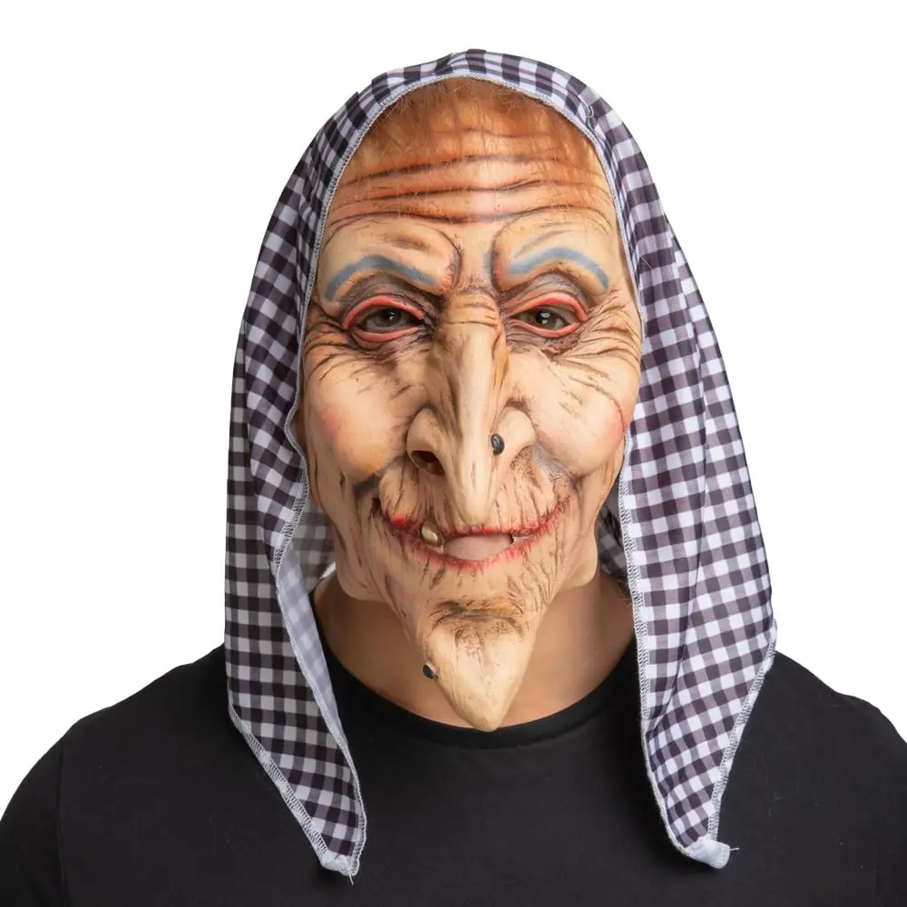 Adults Old Hag Latex Mask With Head Scarf Creepy Witch Fancy Dress 1