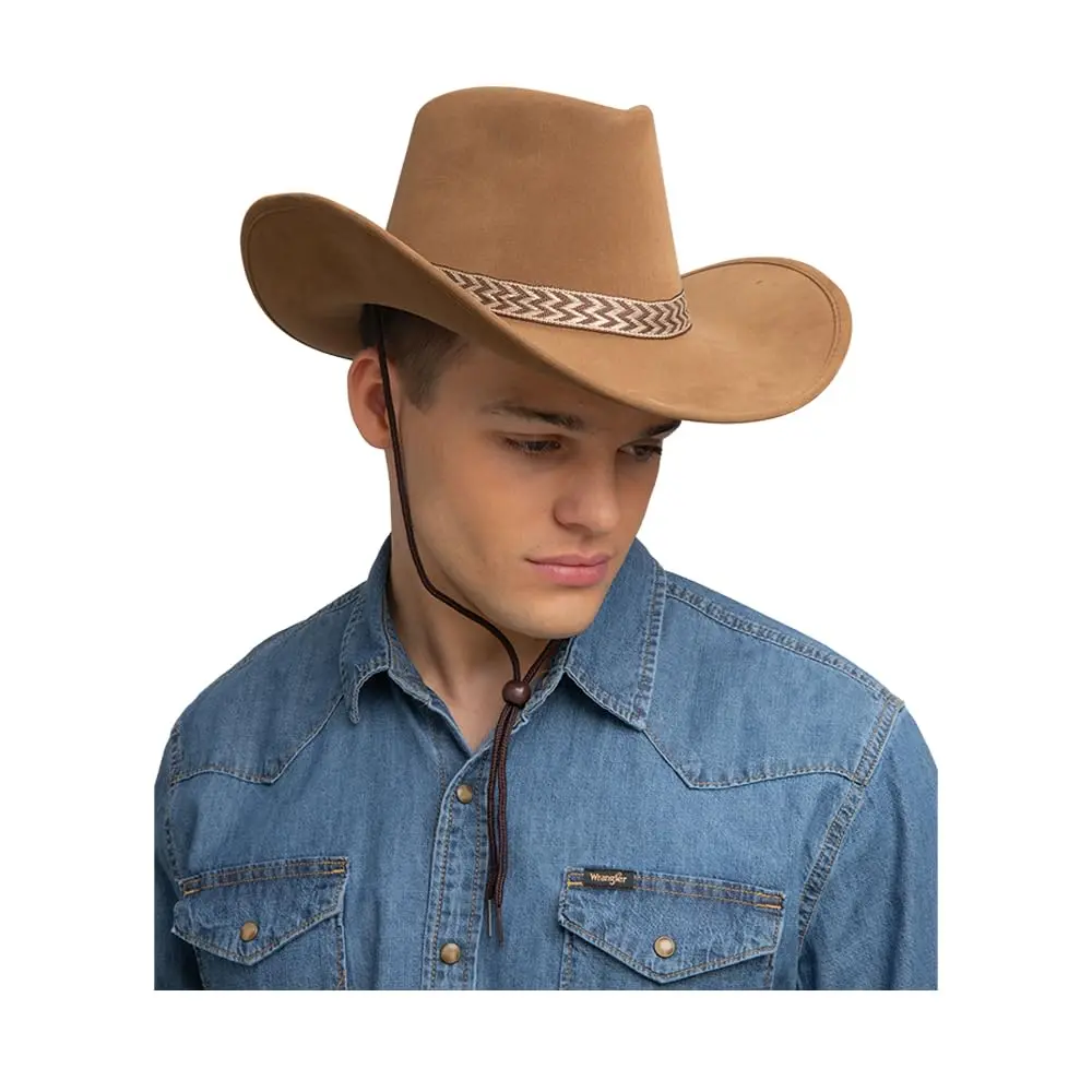 Deluxe Texan Cowboy Hat Faux Suede Neck Cord Wild West Fancy Dress 1